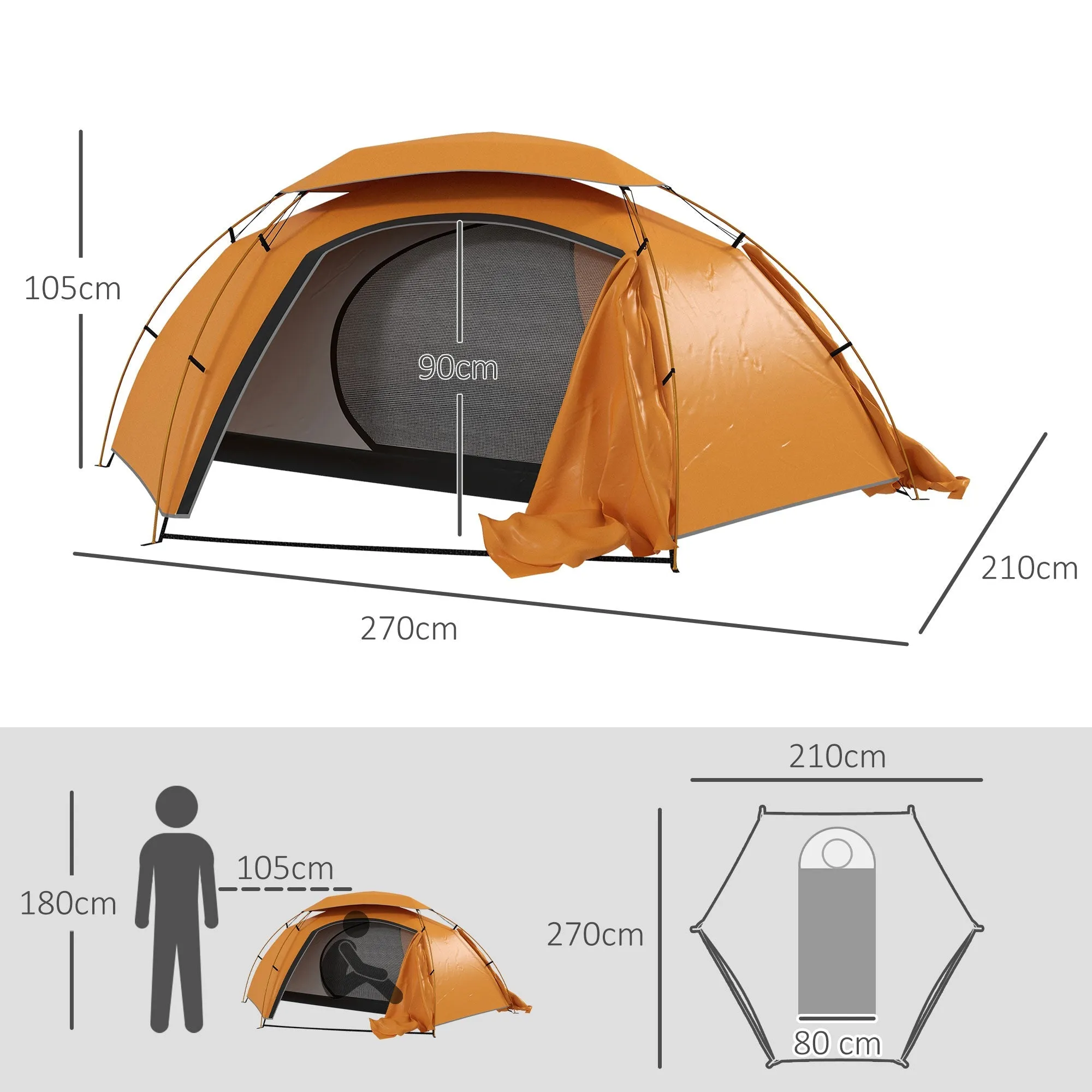 Aluminium Frame Camping Tent Dome Tent with Removable Rainfly 2000mm Waterproof for 1-2 Man Orange