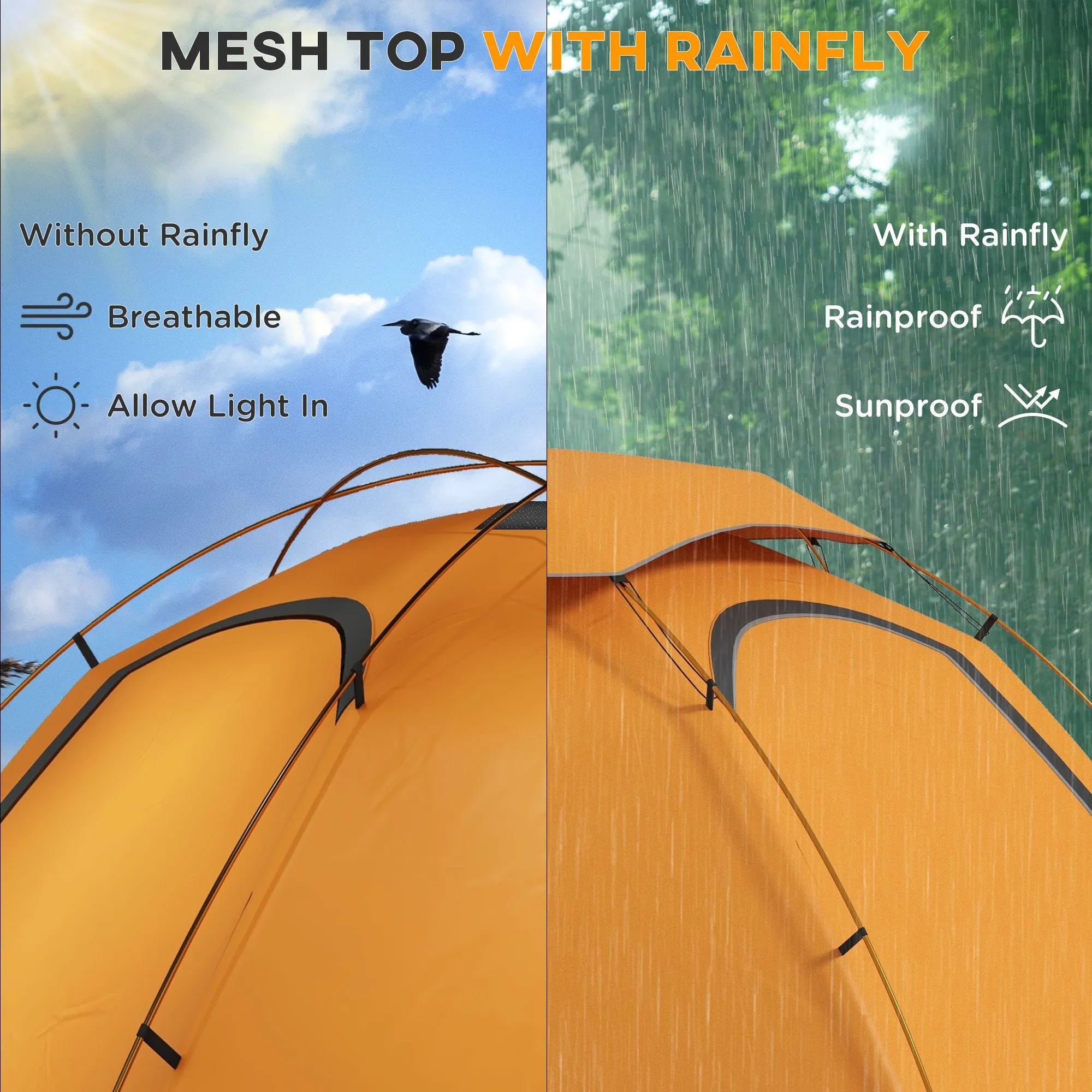 Aluminium Frame Camping Tent Dome Tent with Removable Rainfly 2000mm Waterproof for 1-2 Man Orange