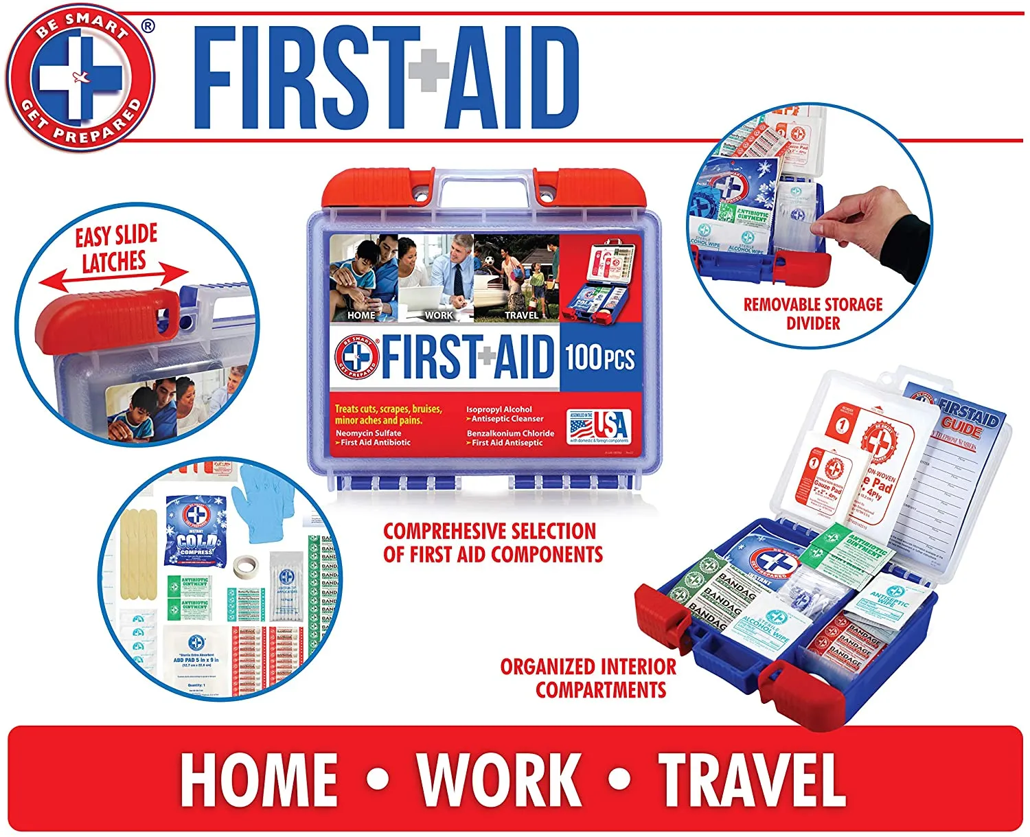 Be Smart Get Prepared 100 Piece First Aid Kit: Clean, Treat, Protect Minor Cuts, Scrapes. Home, Office, Car, School, Business, Travel, Emergency, Survival, Hunting, Outdoor, Camping & Sports