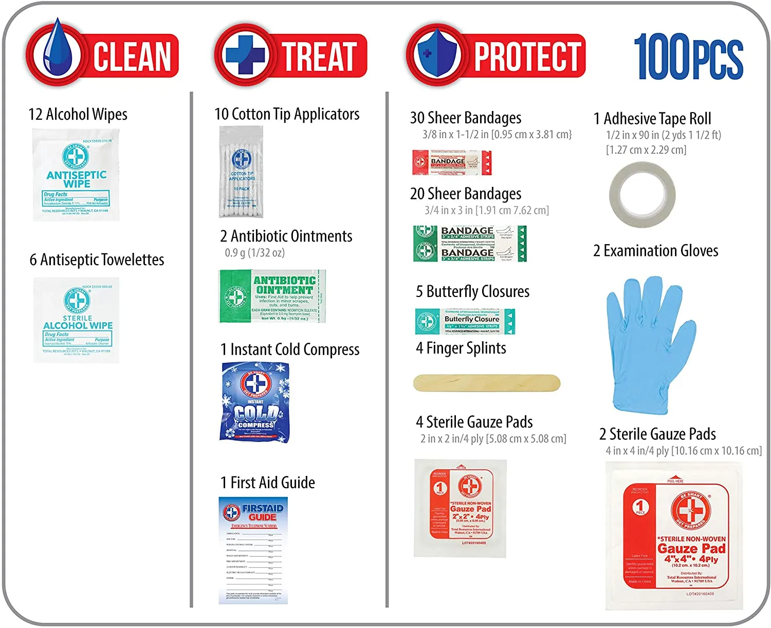 Be Smart Get Prepared 100 Piece First Aid Kit: Clean, Treat, Protect Minor Cuts, Scrapes. Home, Office, Car, School, Business, Travel, Emergency, Survival, Hunting, Outdoor, Camping & Sports