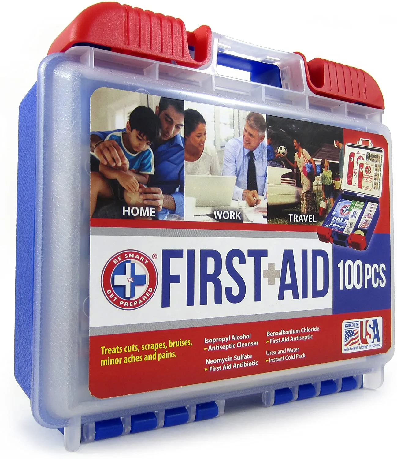 Be Smart Get Prepared 100 Piece First Aid Kit: Clean, Treat, Protect Minor Cuts, Scrapes. Home, Office, Car, School, Business, Travel, Emergency, Survival, Hunting, Outdoor, Camping & Sports