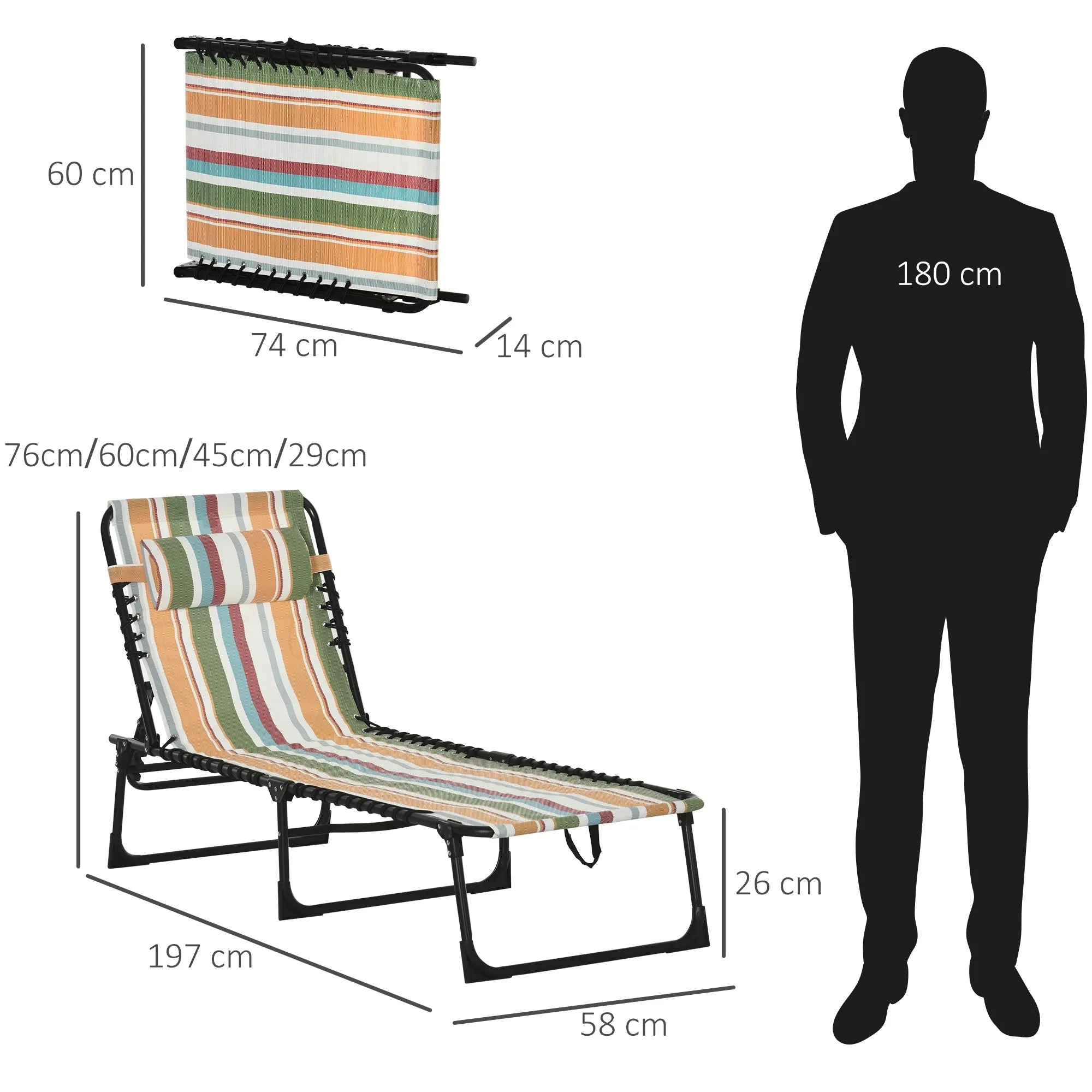 Folding Sun Lounger Beach Chaise Chair Garden Reclining Cot Camping Hiking Recliner with 4 Position Adjustable Multicolored