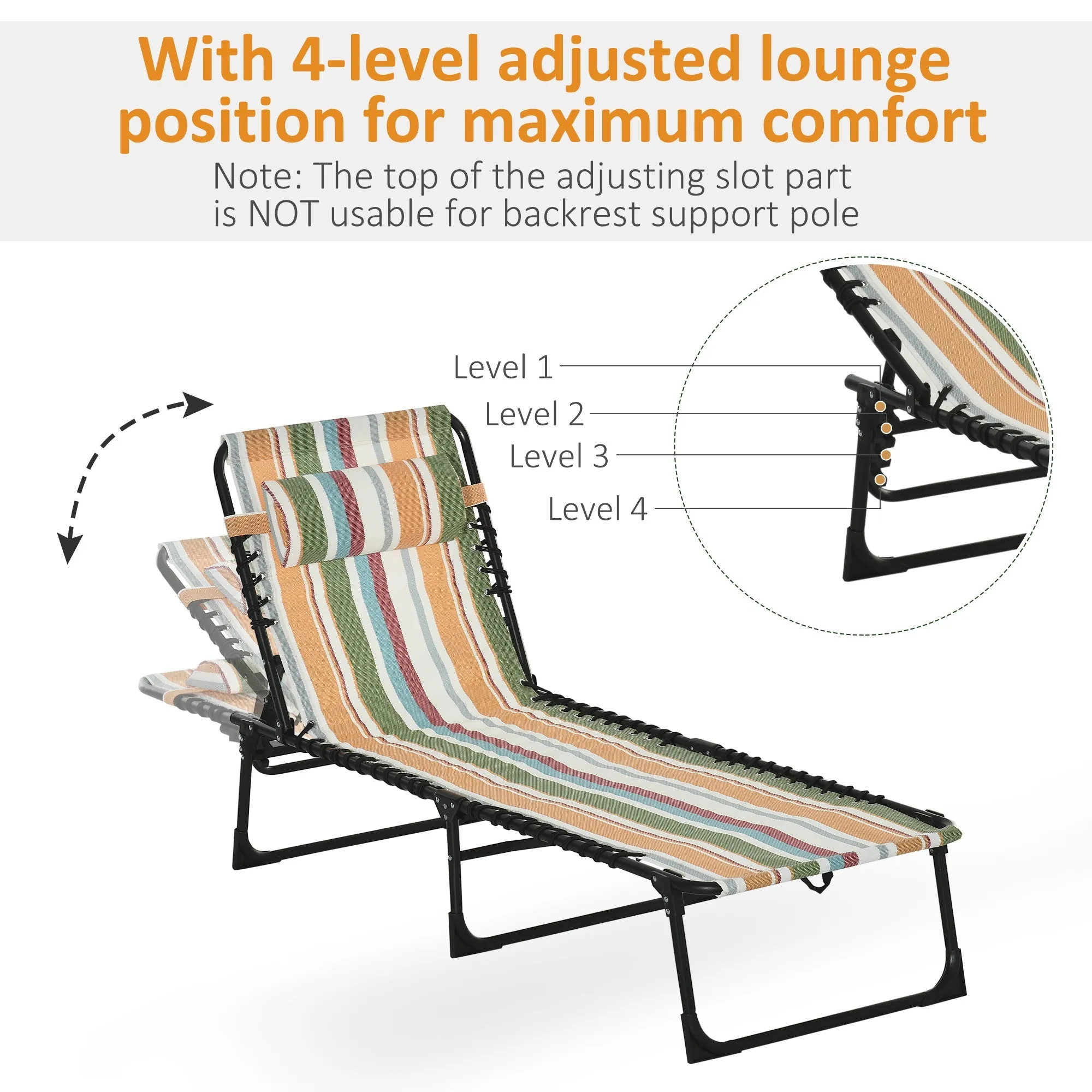 Folding Sun Lounger Beach Chaise Chair Garden Reclining Cot Camping Hiking Recliner with 4 Position Adjustable Multicolored
