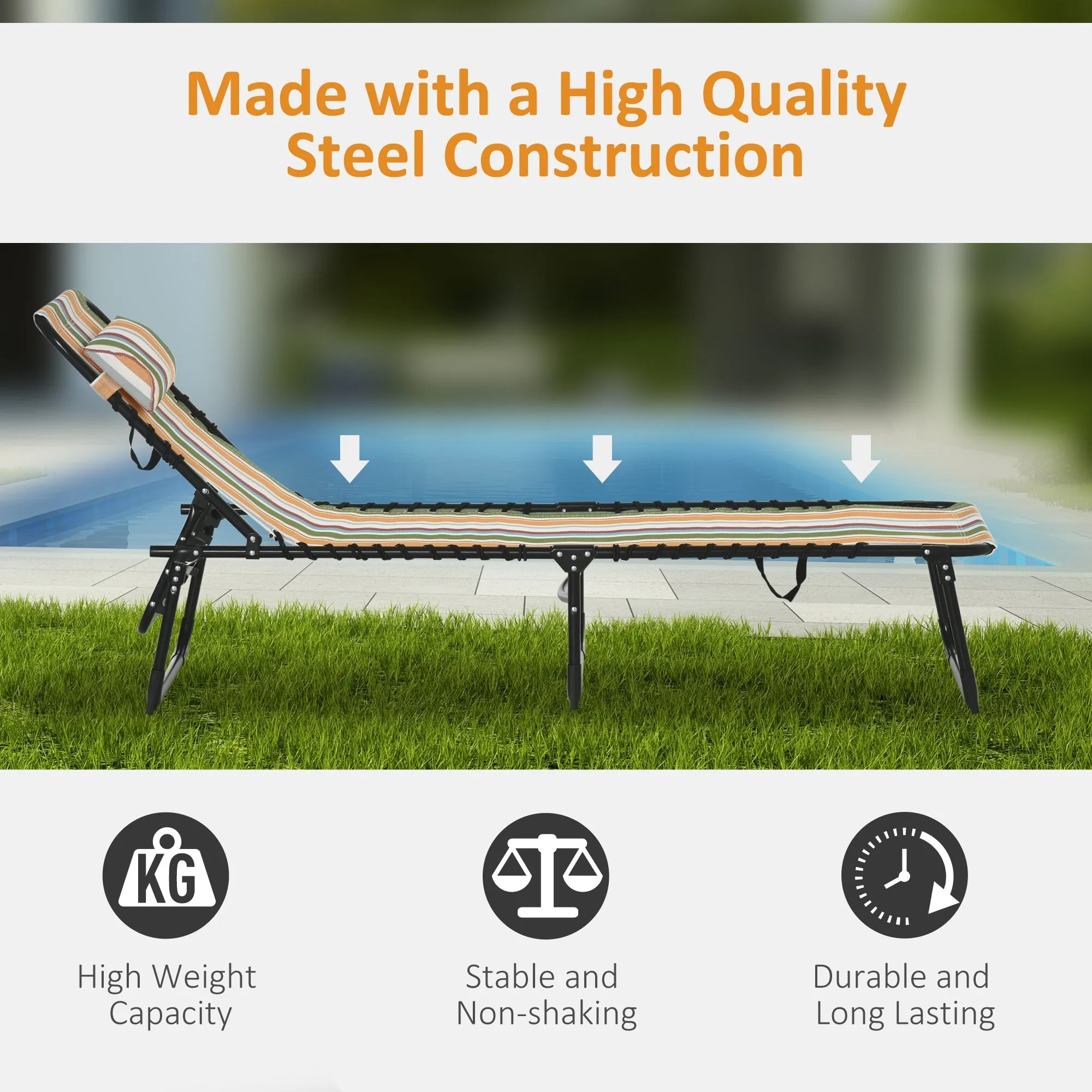 Folding Sun Lounger Beach Chaise Chair Garden Reclining Cot Camping Hiking Recliner with 4 Position Adjustable Multicolored
