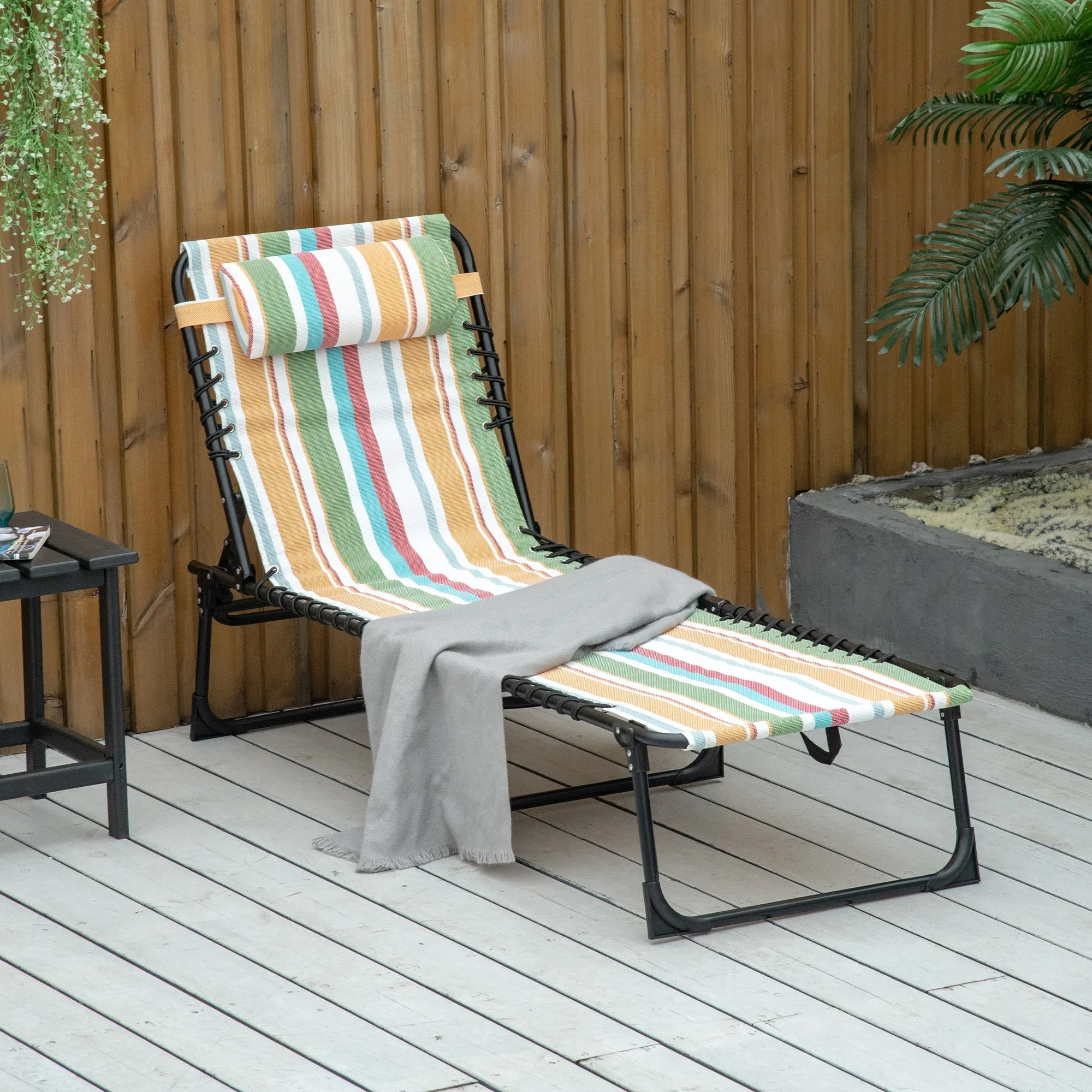 Folding Sun Lounger Beach Chaise Chair Garden Reclining Cot Camping Hiking Recliner with 4 Position Adjustable Multicolored