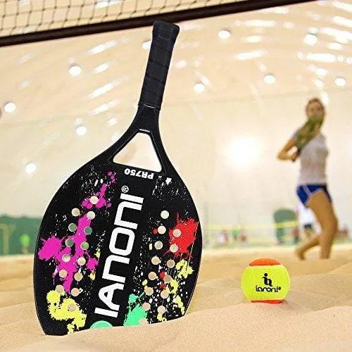ianoni Beach Tennis Racket, Carbon Fiber Grit Face with EVA Memory Foam Core Beach Tennis Racket (Black)