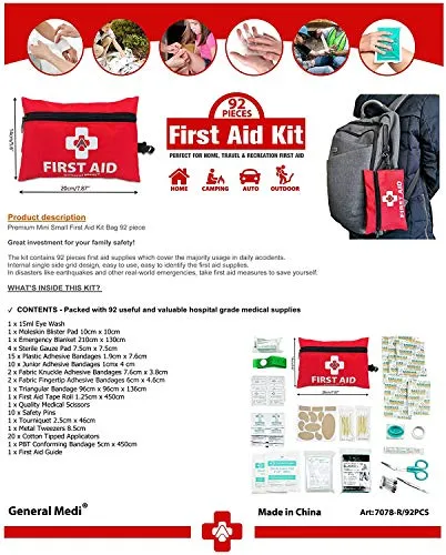 Mini First Aid Kit,92 Pieces Small First Aid Kit - Includes Emergency Foil Blanket, CPR Respirator, Scissors for Travel, Home, Office, Vehicle,Camping, Workplace & Outdoor (Red)