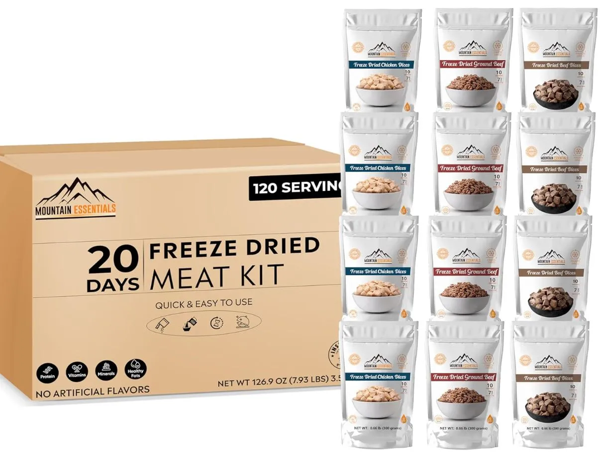 Mountain Essentials 120-Serving Freeze-Dried Meat Kit (Pack of 12) - Emergency Food Supply - Long Shelf Stable