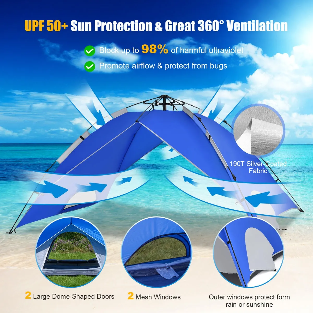 NNECW 3-In-1 4-Person Instant Waterproof Pop-up Tent with Carry Bag