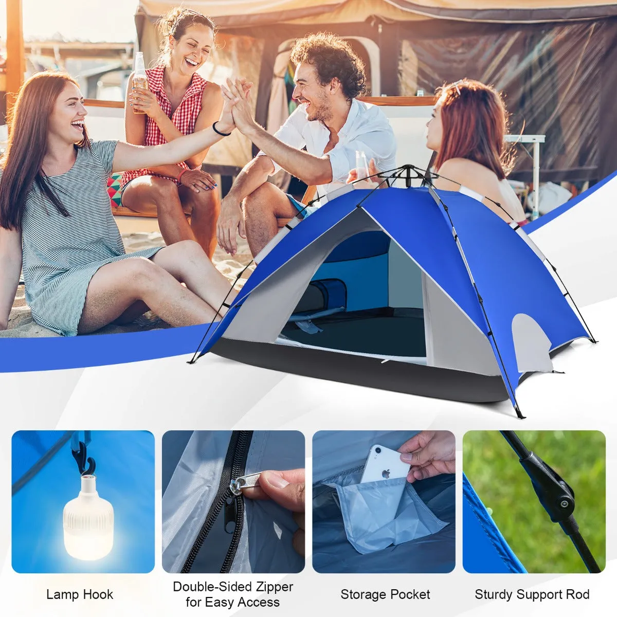 NNECW 3-In-1 4-Person Instant Waterproof Pop-up Tent with Carry Bag