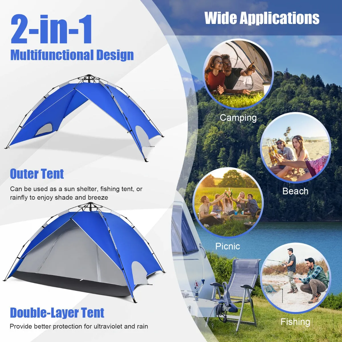 NNECW 3-In-1 4-Person Instant Waterproof Pop-up Tent with Carry Bag