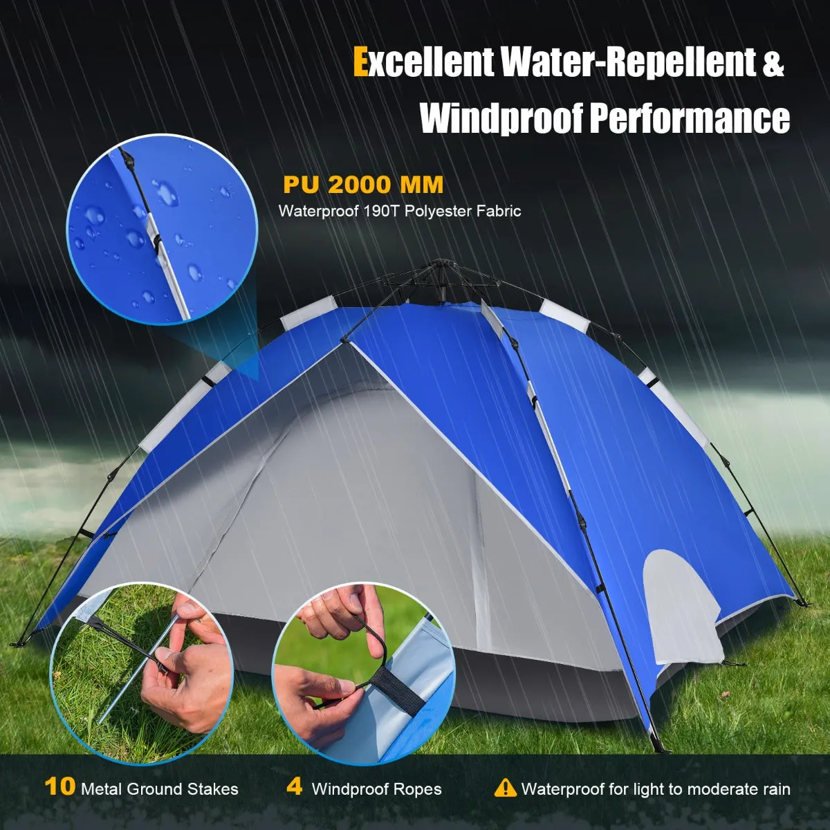 NNECW 3-In-1 4-Person Instant Waterproof Pop-up Tent with Carry Bag