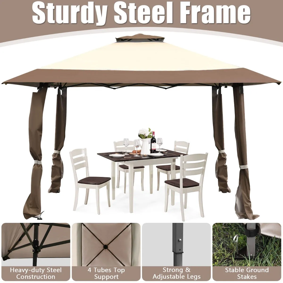 NNECW 393 cm x 393 cm Pop Up Canopy with Adjustable Heights for Outdoor Camping-Coffee