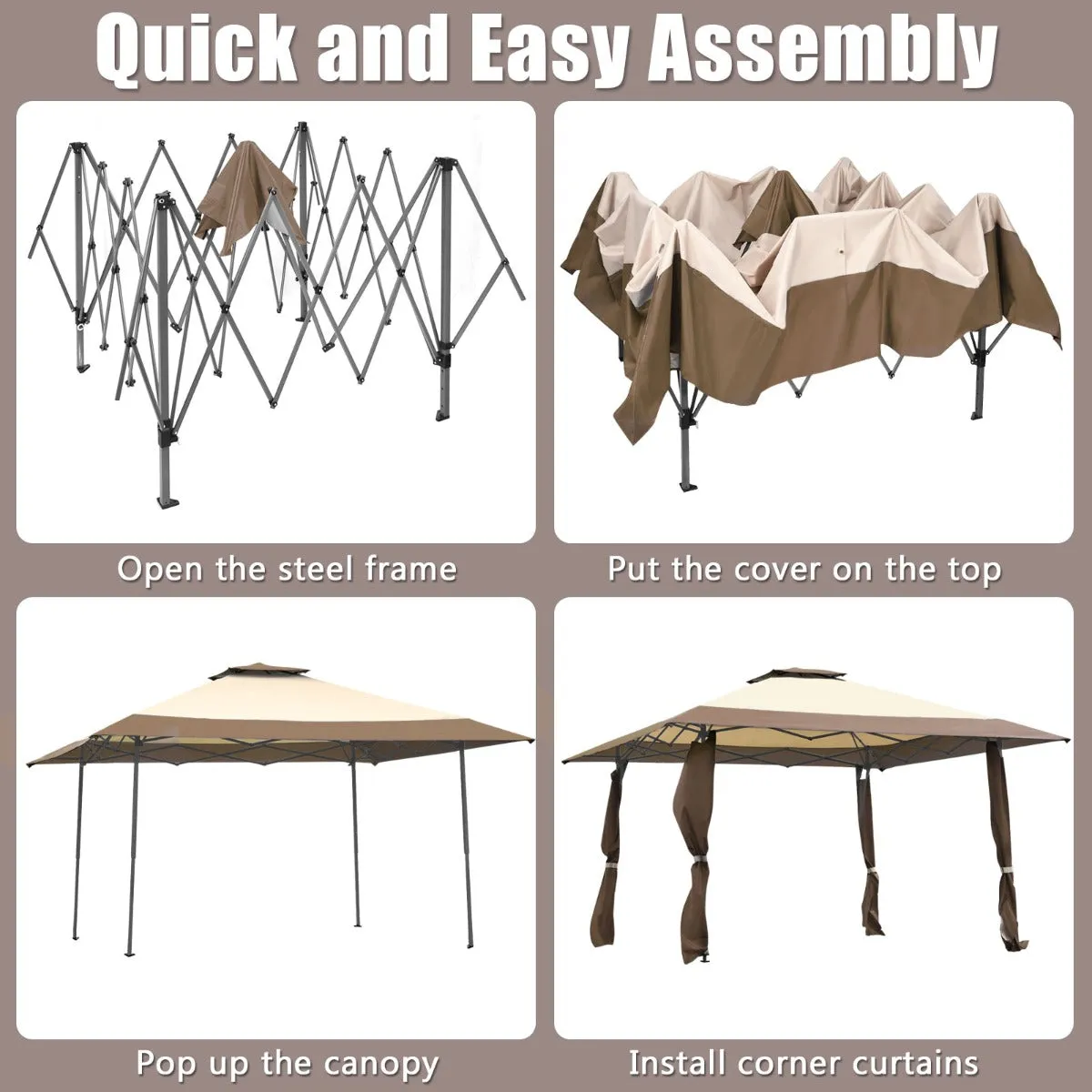 NNECW 393 cm x 393 cm Pop Up Canopy with Adjustable Heights for Outdoor Camping-Coffee