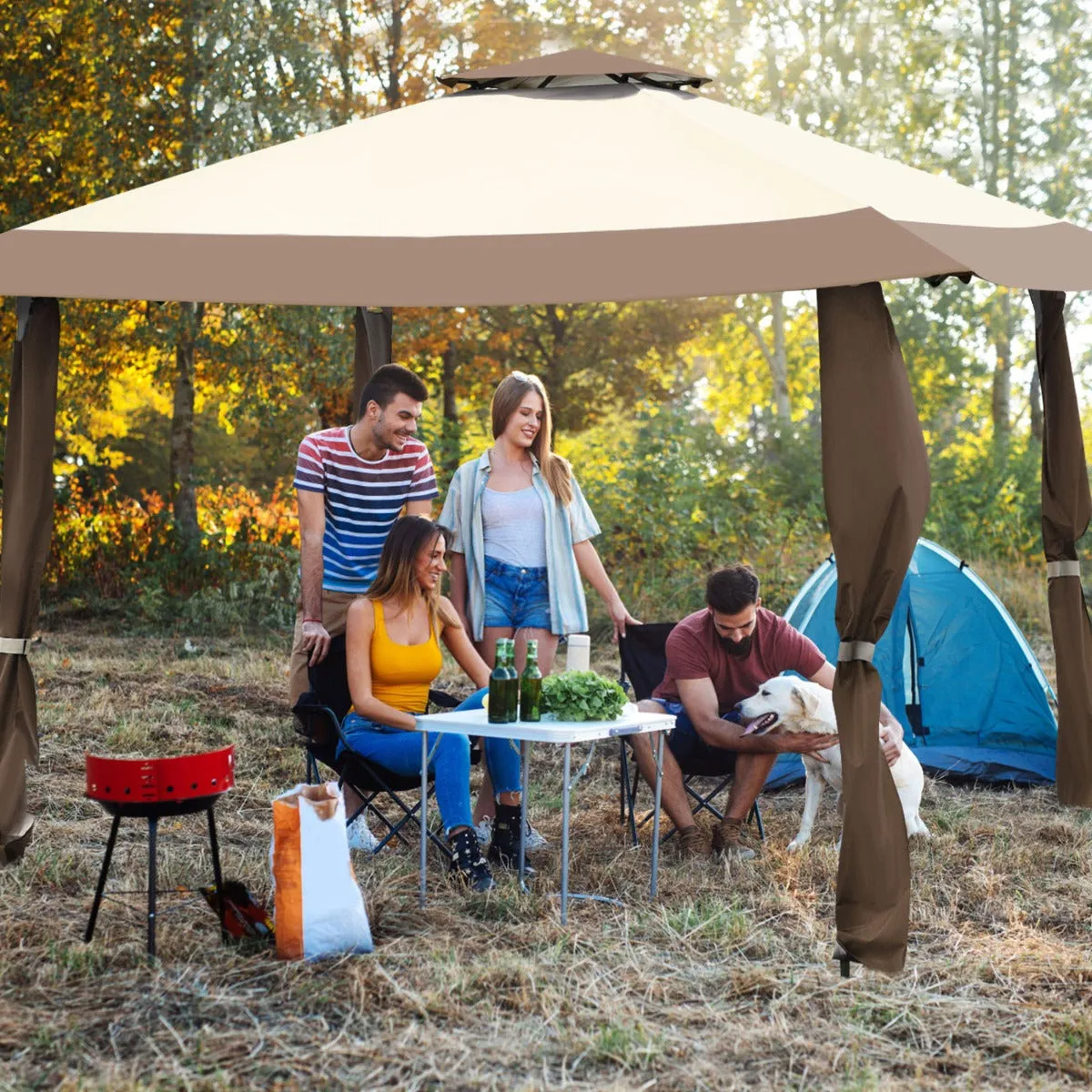 NNECW 393 cm x 393 cm Pop Up Canopy with Adjustable Heights for Outdoor Camping-Coffee