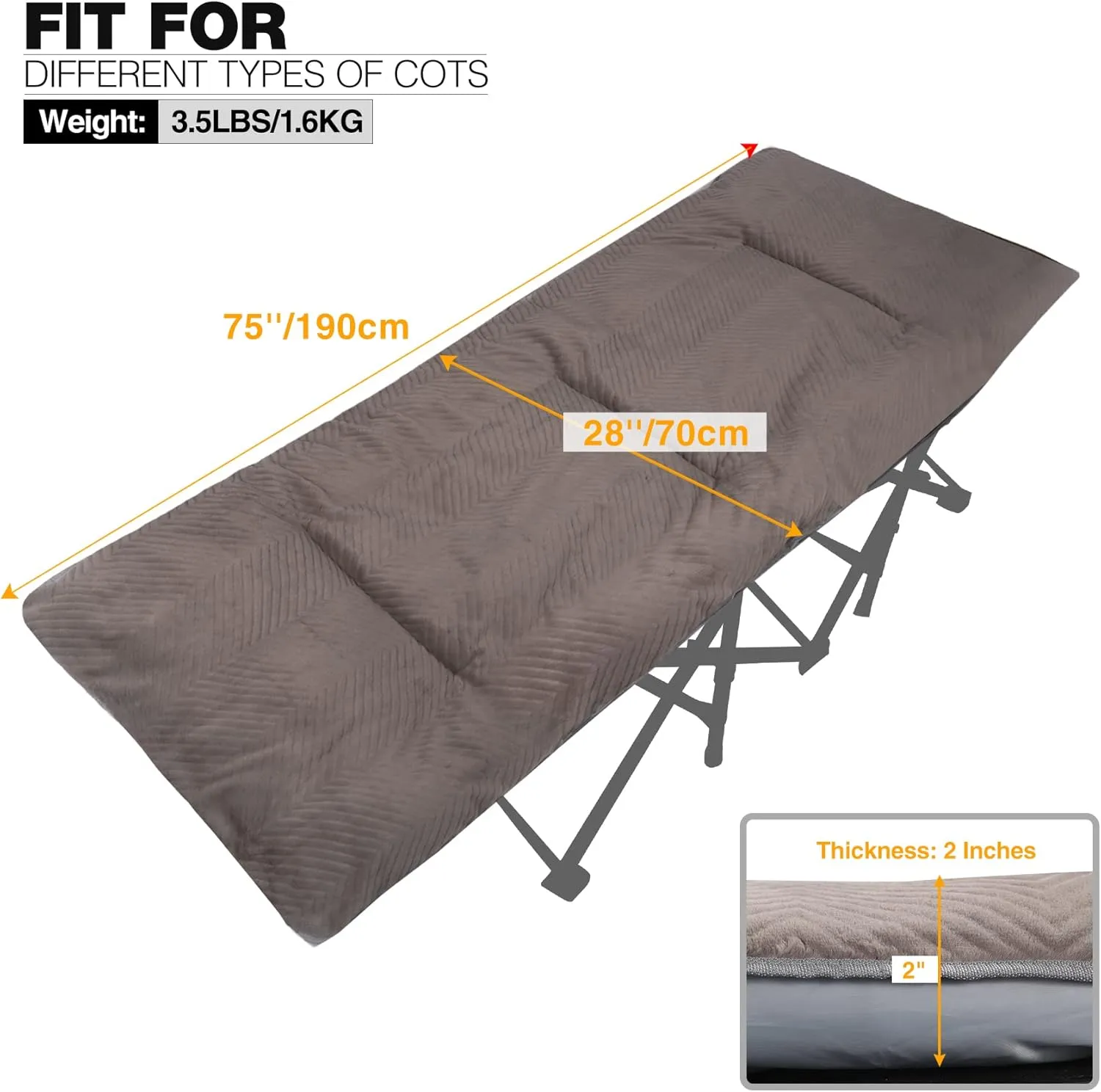 REDCAMP Folding Cot Pads for Sleeping Extra Thick, Soft Comfortable Velvet & Corduroy Cotton Camping Cot Mattress Pad for Backpacking Hiking, Black Blue Brown Grey 75x30 inches