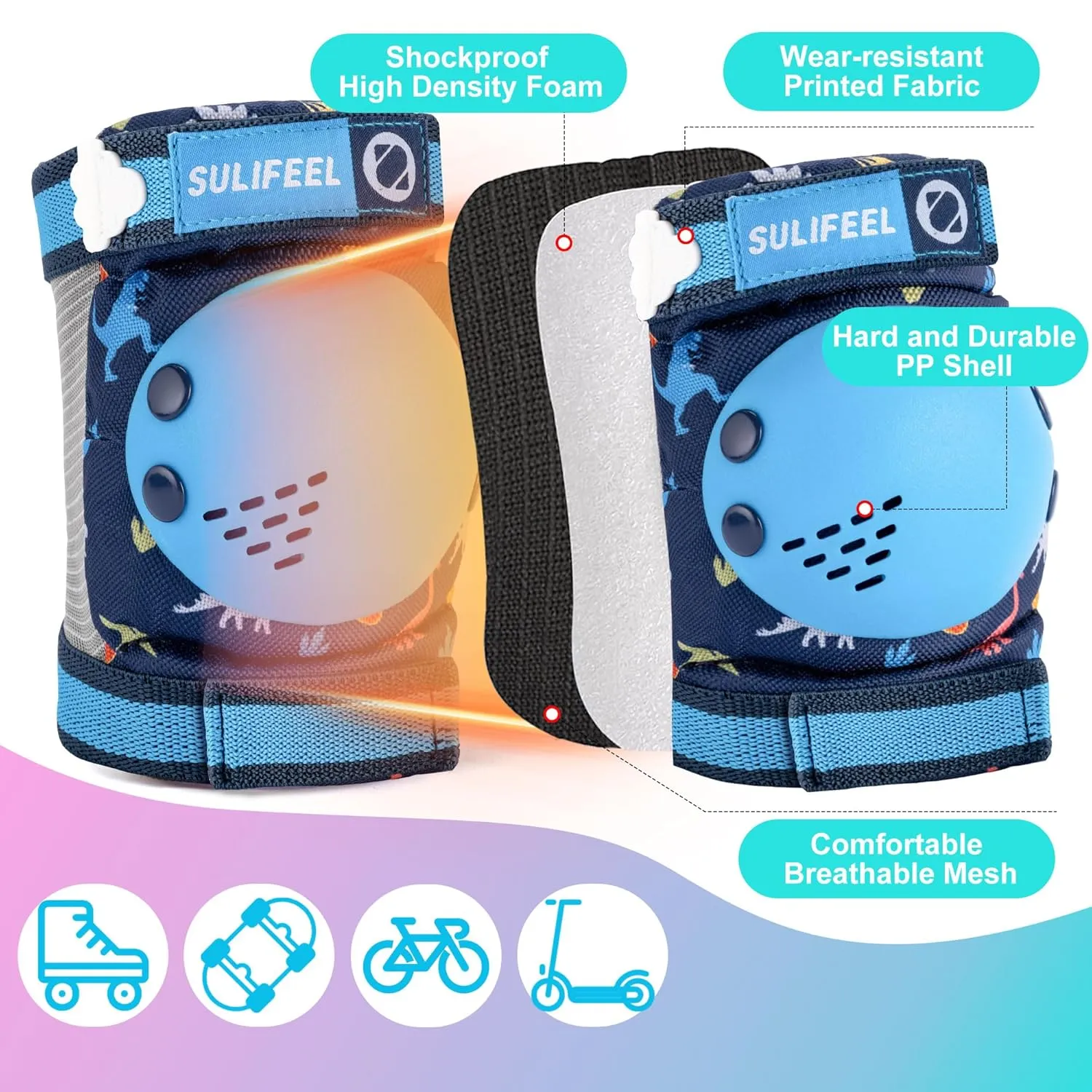 SULIFEEL Rainbow Unicorn Knee Pads for Kids Knee Elbow Pads Wrist Guards with Drawstring Bag Adjustable Protective Gear Set for Girls Roller Skating Bike Cycling Skateboard Scooter