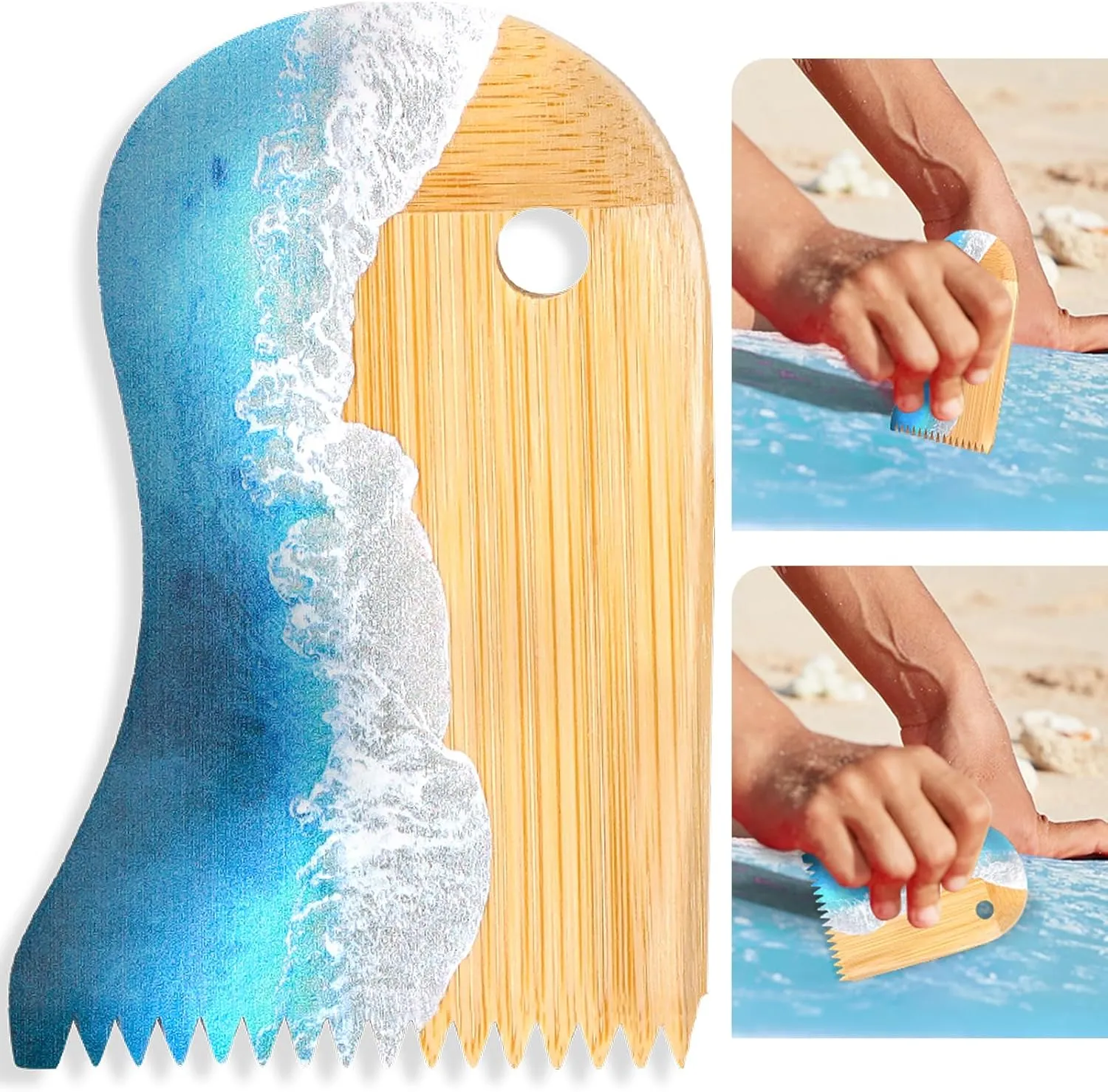Surfboard Wax Comb Bamboo Surfboard Wax Scraper Surfboard Wax Removal Tool Surf Wax Comb with Hole Surfboard Accessories for Surfing Board Men Women Surfer Gift Ocean Wave Pattern
