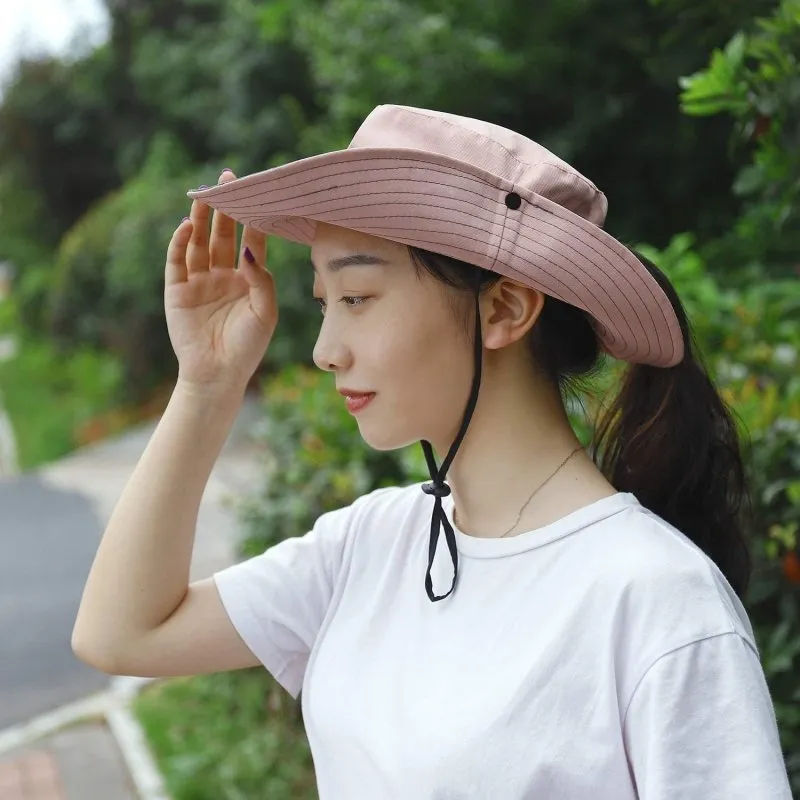 Women Sun Hat Wide Brim Outdoor UV Protection Summer Ponytail Hat Foldable Mesh Beach Fisherman'S Cap for Gardening Travel Hiking Fishing 56-58CM (Pink)